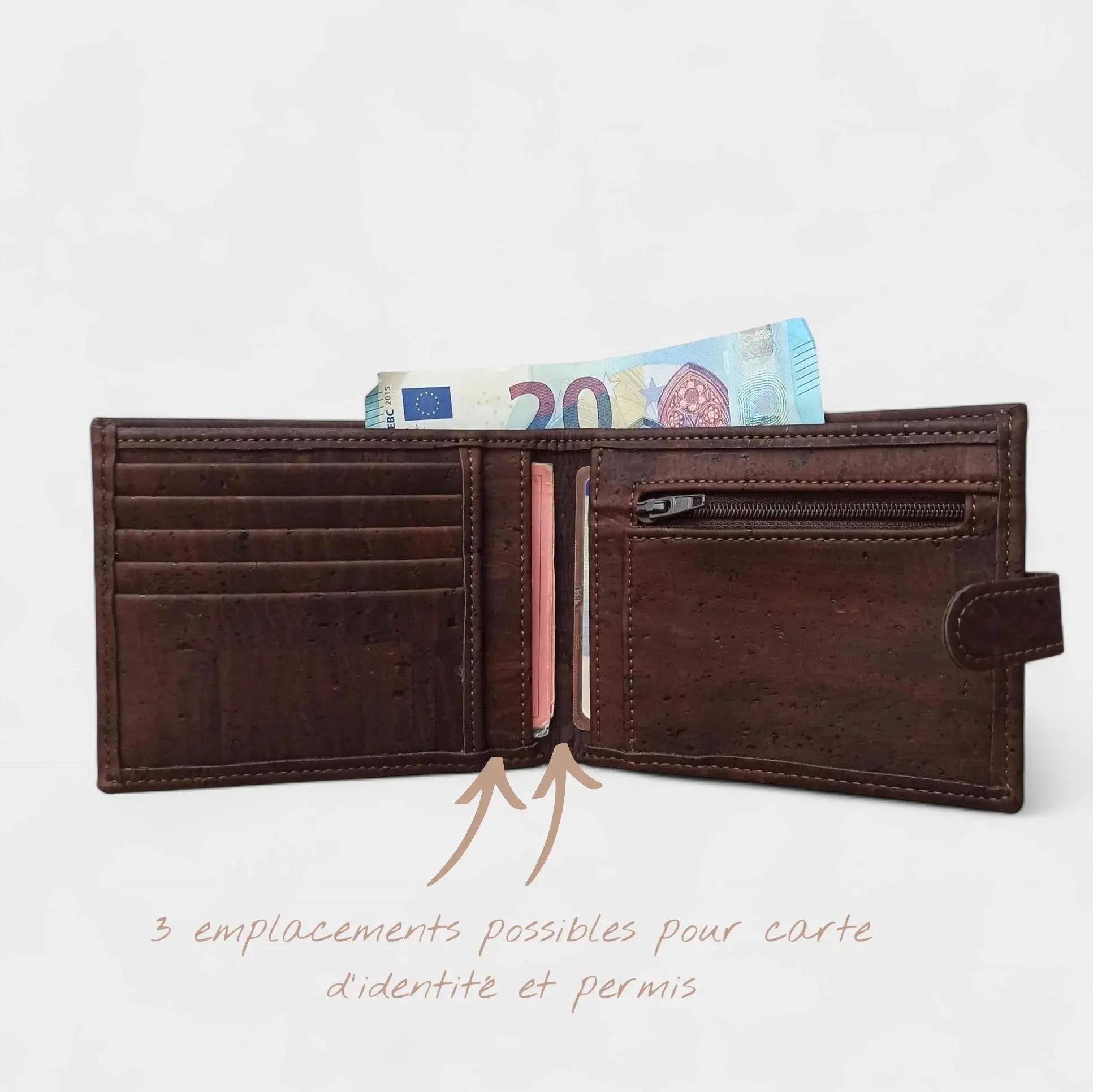 Portefeuille vegan en liège avec zip, Roman  Karmyliege