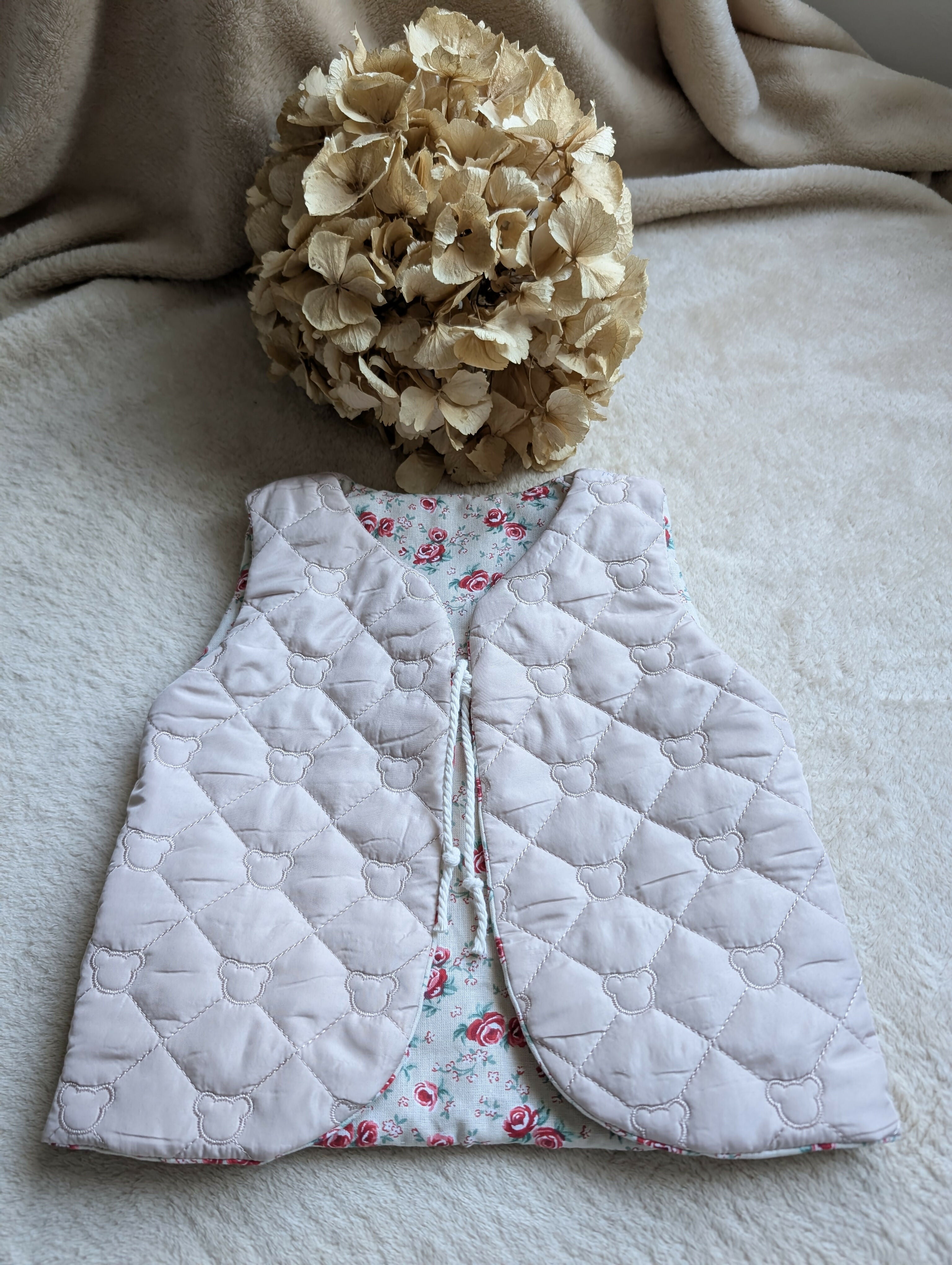 QUILTED SHEPHERD VEST BEIGE TEDDY BEARS FLOWERS 18 MONTHS-3 YEARS