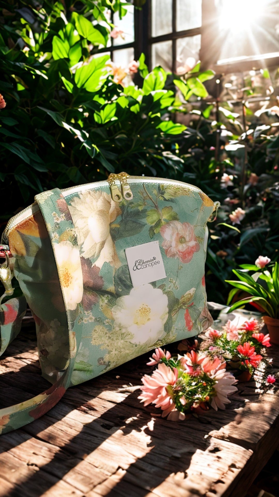 Sac à main en velours gris vert- Motif fleuri pour un look raffiné et romantique