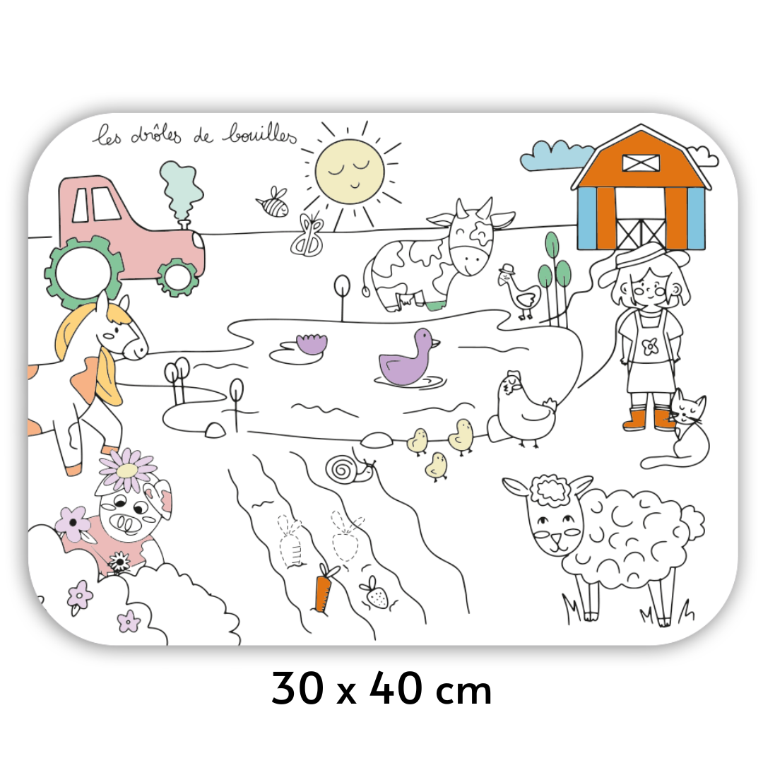 Set de table sur le thème de la ferme colorié, taille indiquée en dessous : 30 sur 40 centimètres