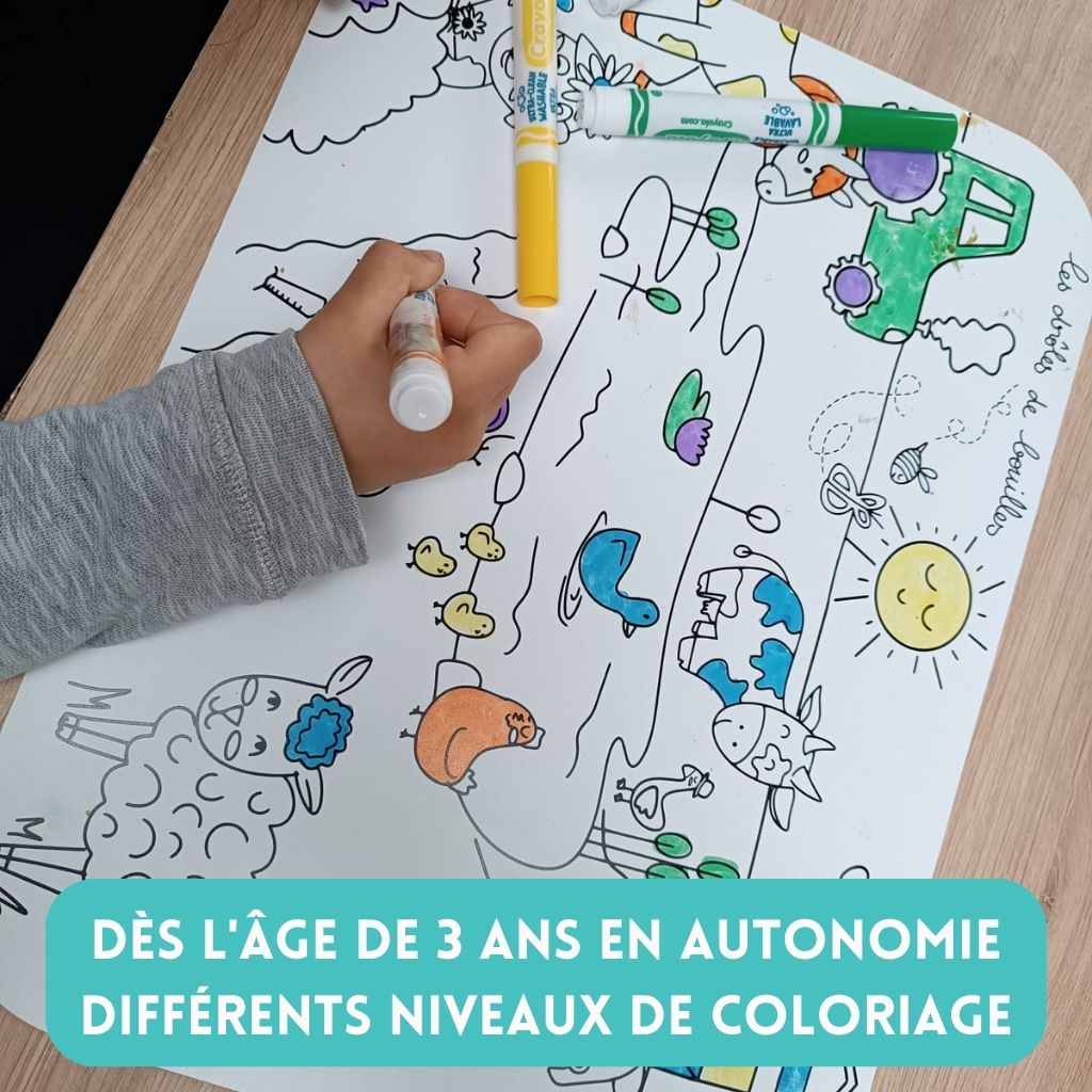 Coloriage de set de table sur le thème de la ferme colorié par un enfant 