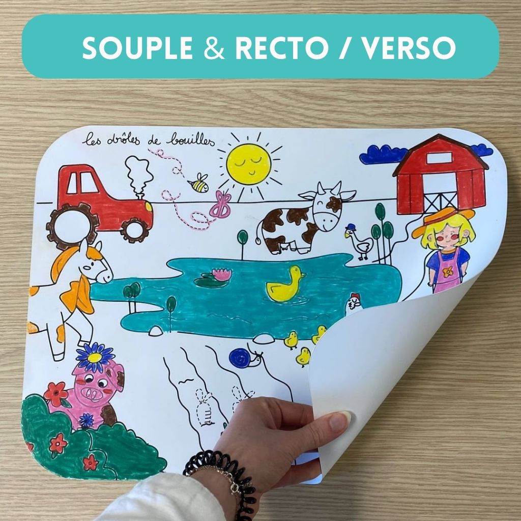 Coloriage sur le thème de la ferme colorié et plié sur le côté (démontrant sa souplesse)