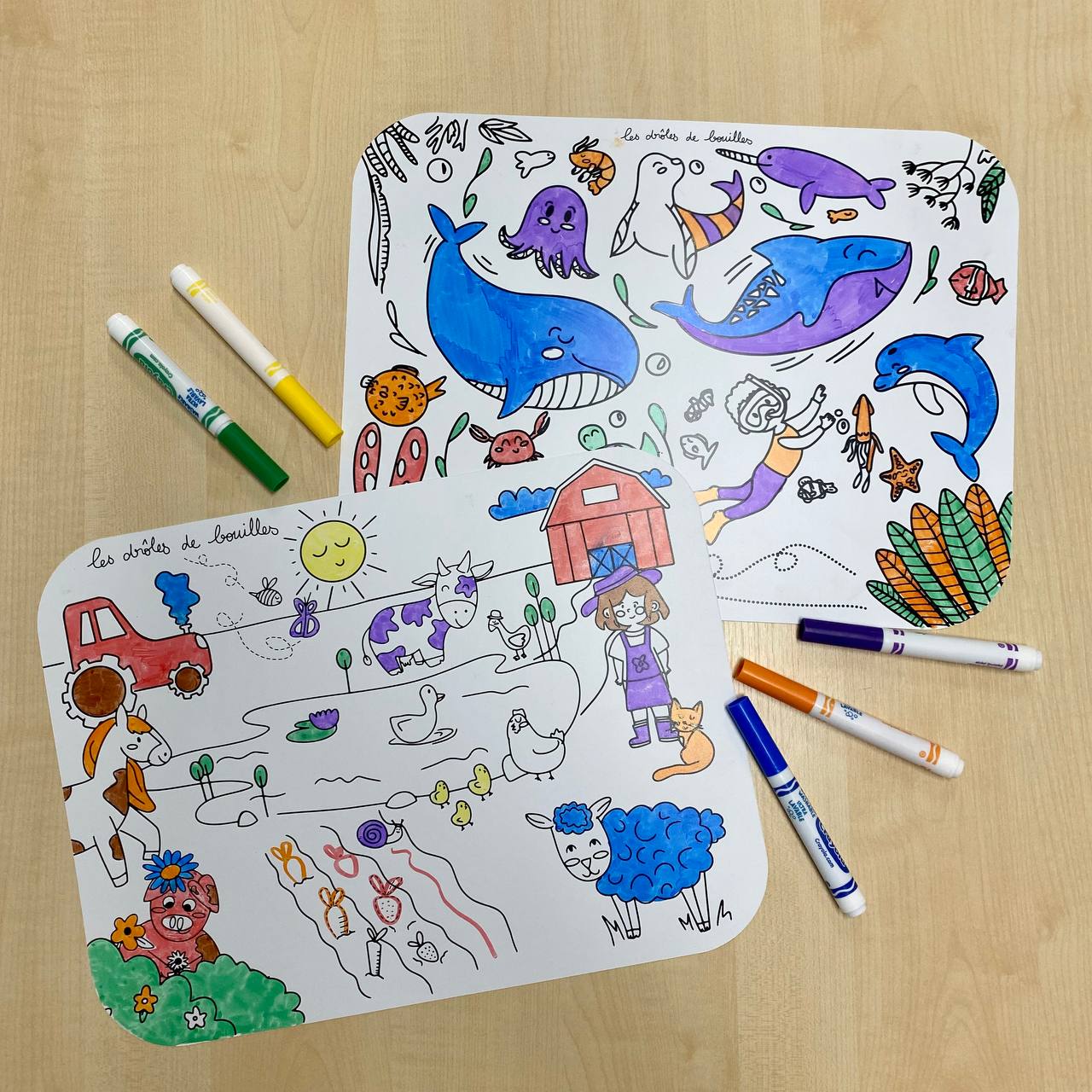 Sets de tables coloriés (ocean et ferme) avec des feutres posés par dessus 