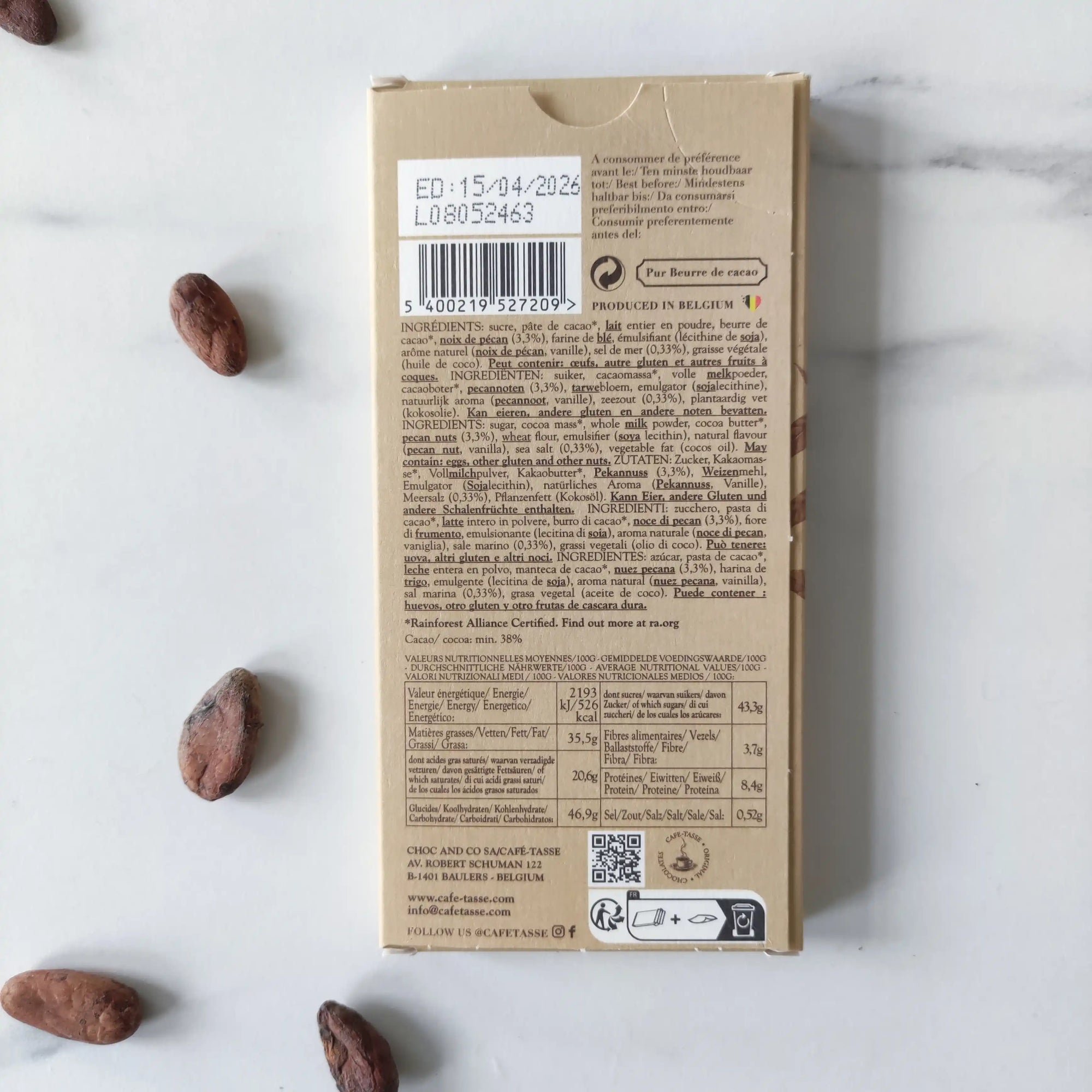 Tablette de chocolat au Lait Pécan Sel Cookie Belge Café-Tasse