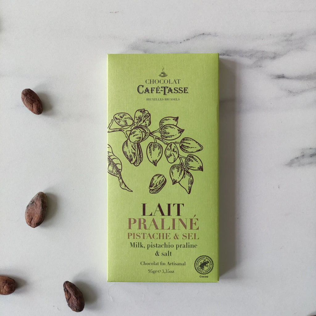 Tablette chocolat praliné pistache au lait sel, chocolat belge Café-Tasse