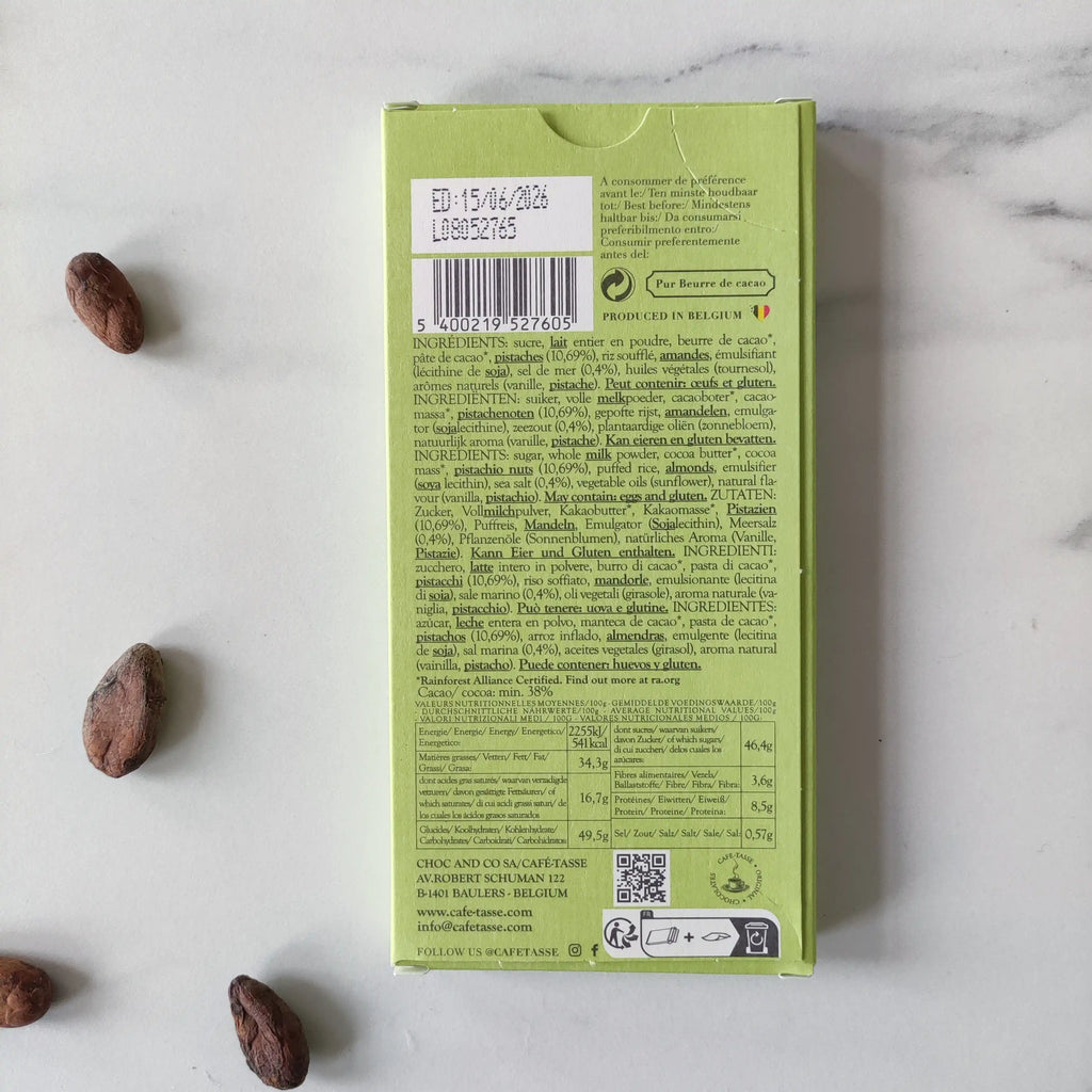 Tablette chocolat praliné pistache au lait sel, chocolat belge Café-Tasse