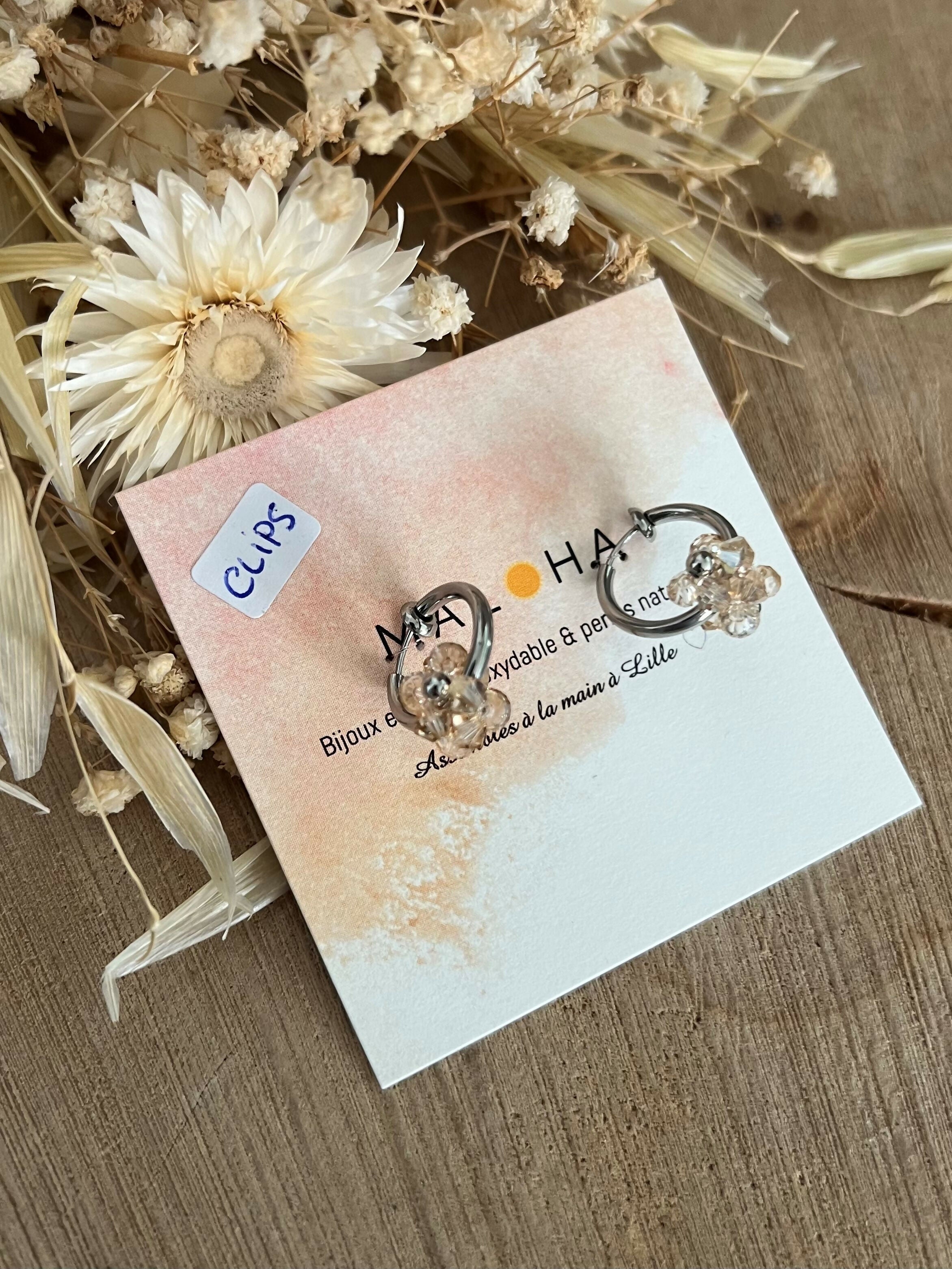Light beige flower clip-on creole earrings