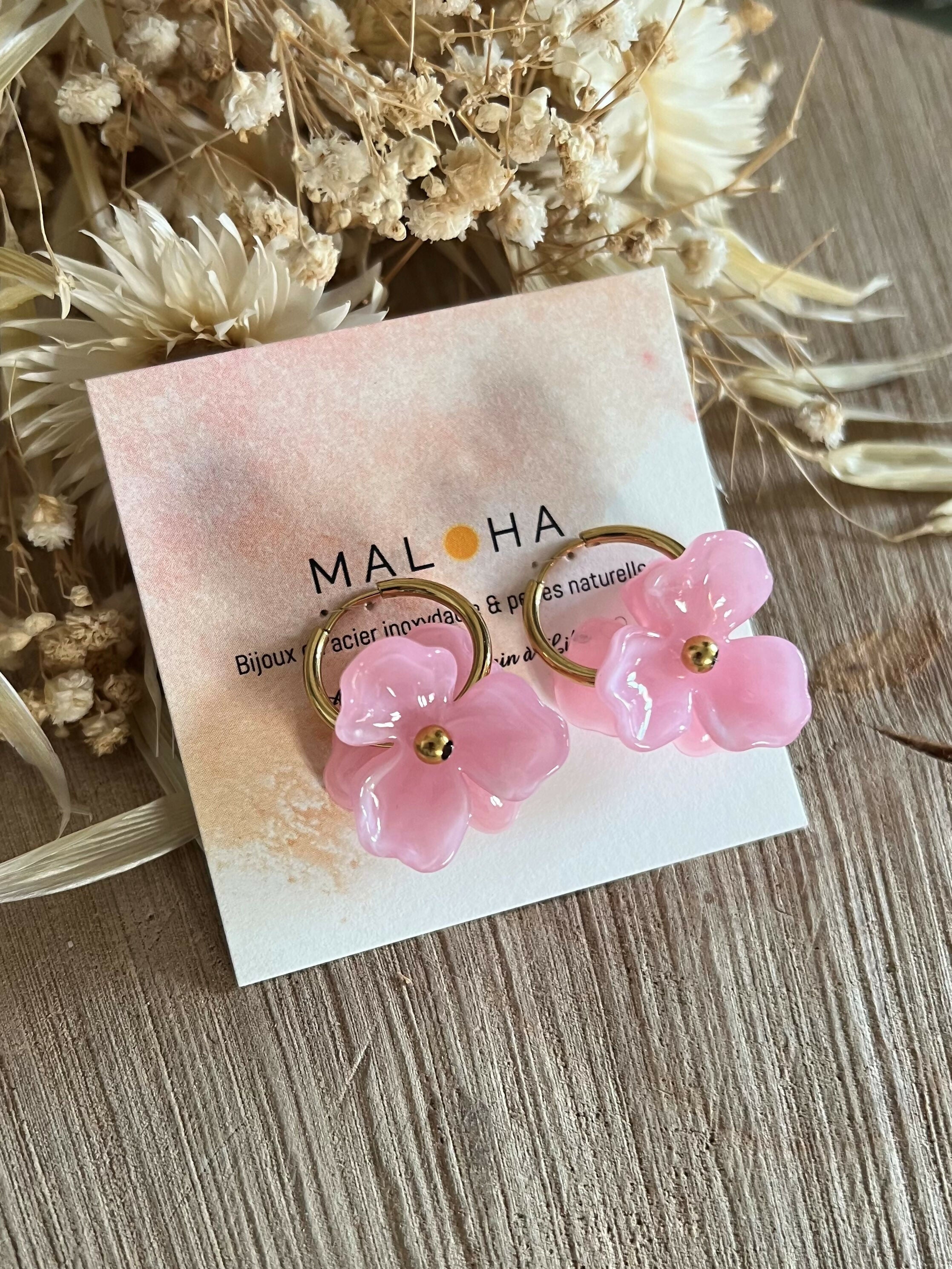 Large light pink flower hoop earrings