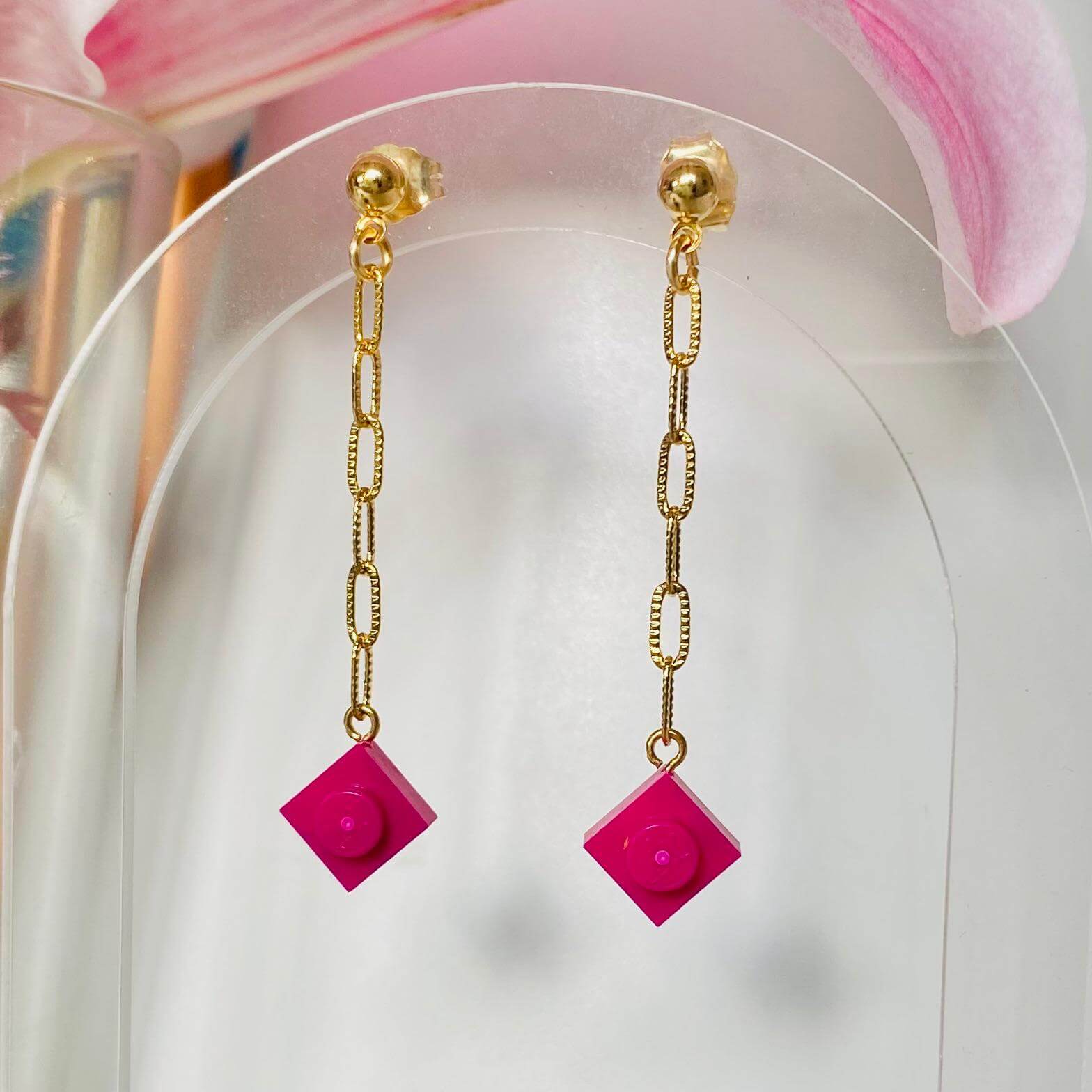 Boucles d'oreilles pendantes chaine & brique Lego® - Les Virevolteuses