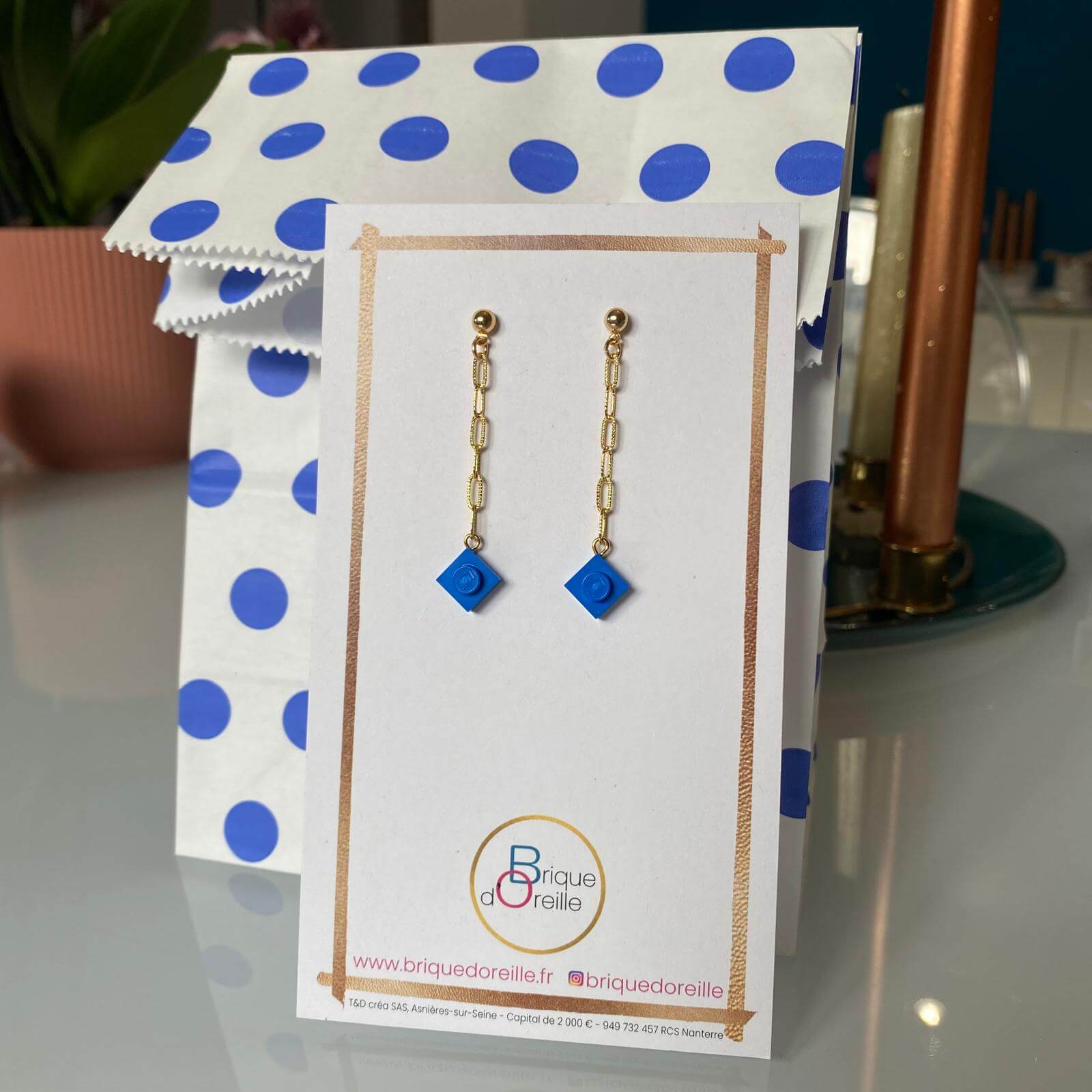 Boucles d'oreilles pendantes chaine & brique Lego® - Les Virevolteuses
