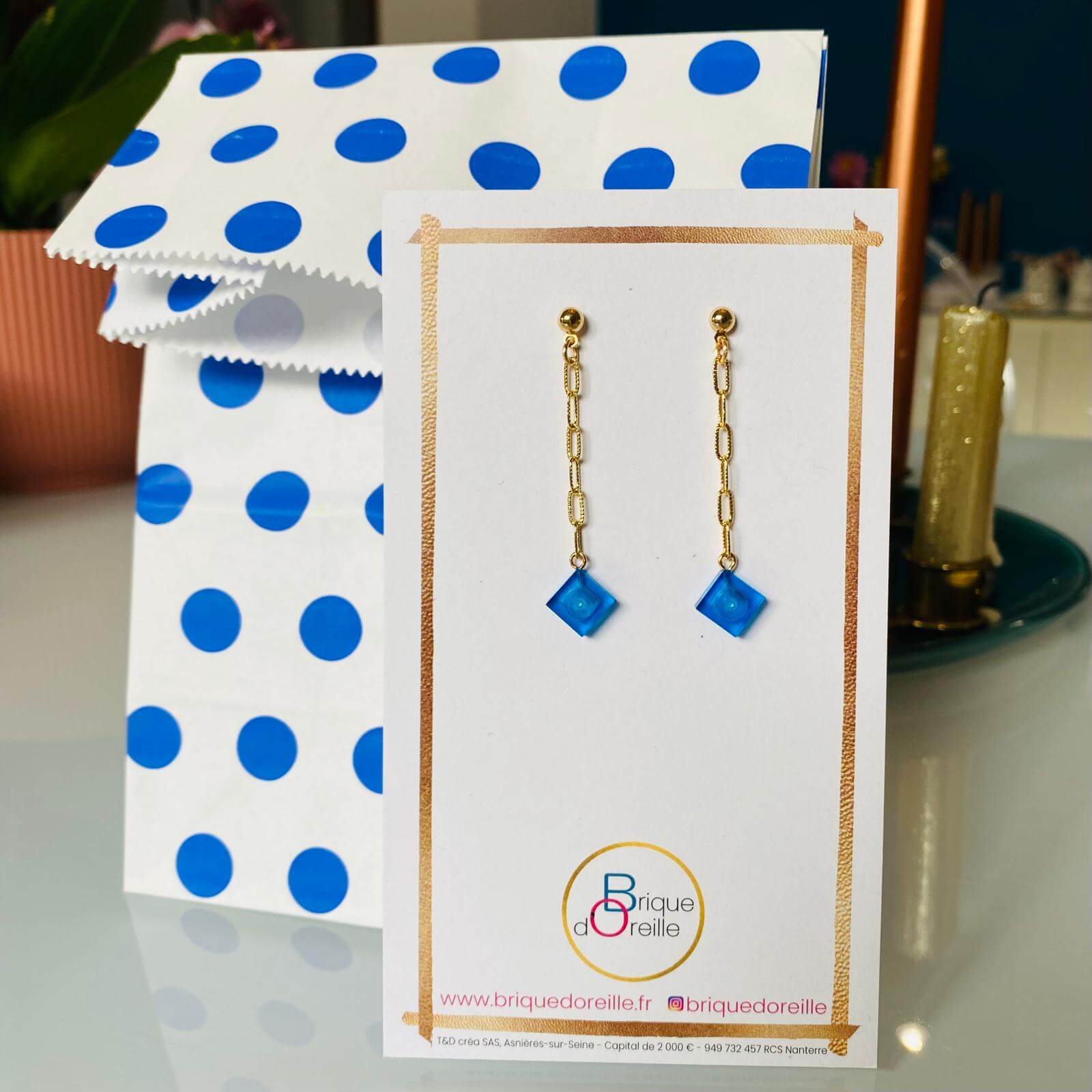 Boucles d'oreilles pendantes chaine & brique Lego® - Les Virevolteuses