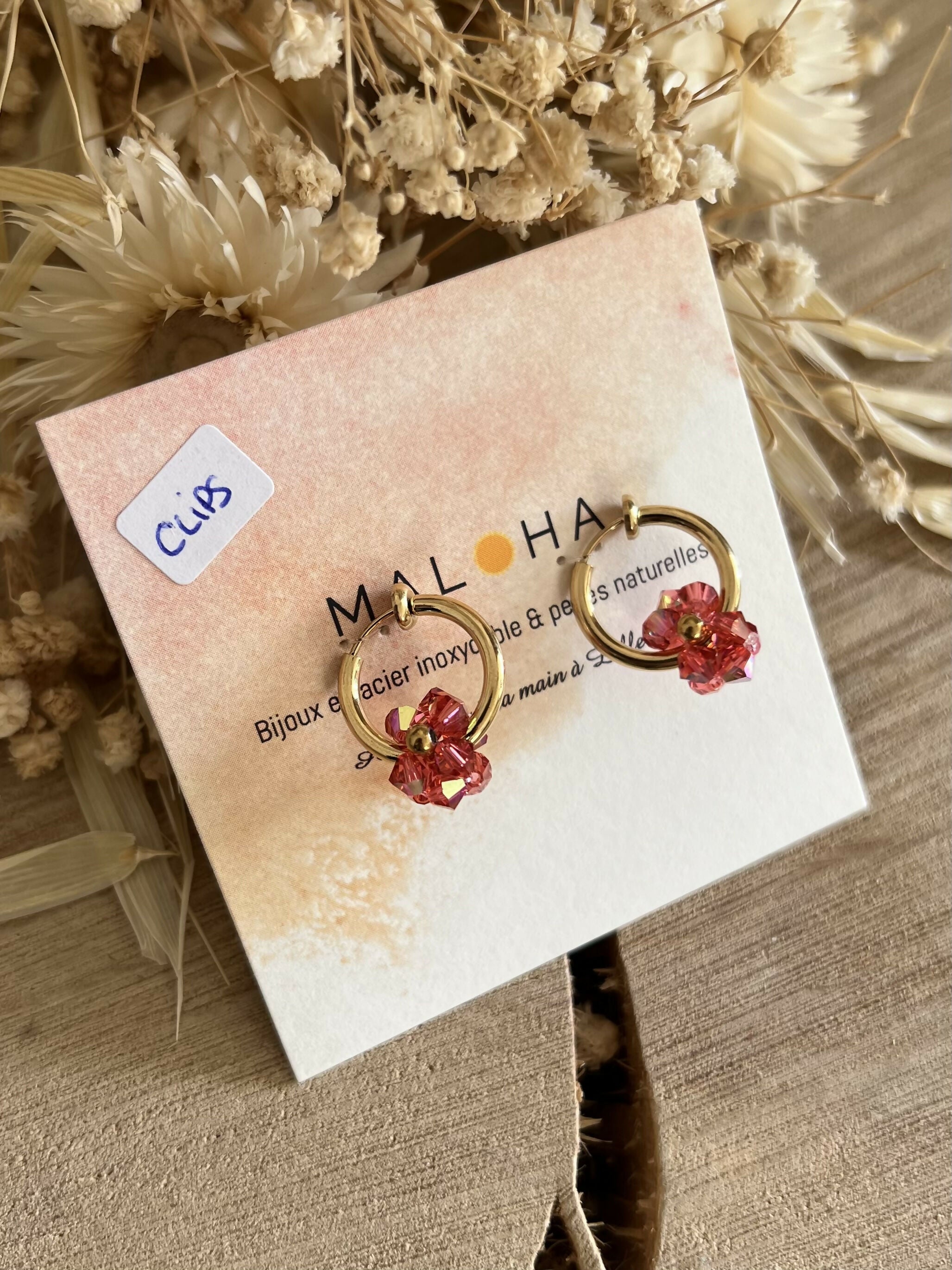 Pink glass flower CLIPS creoles