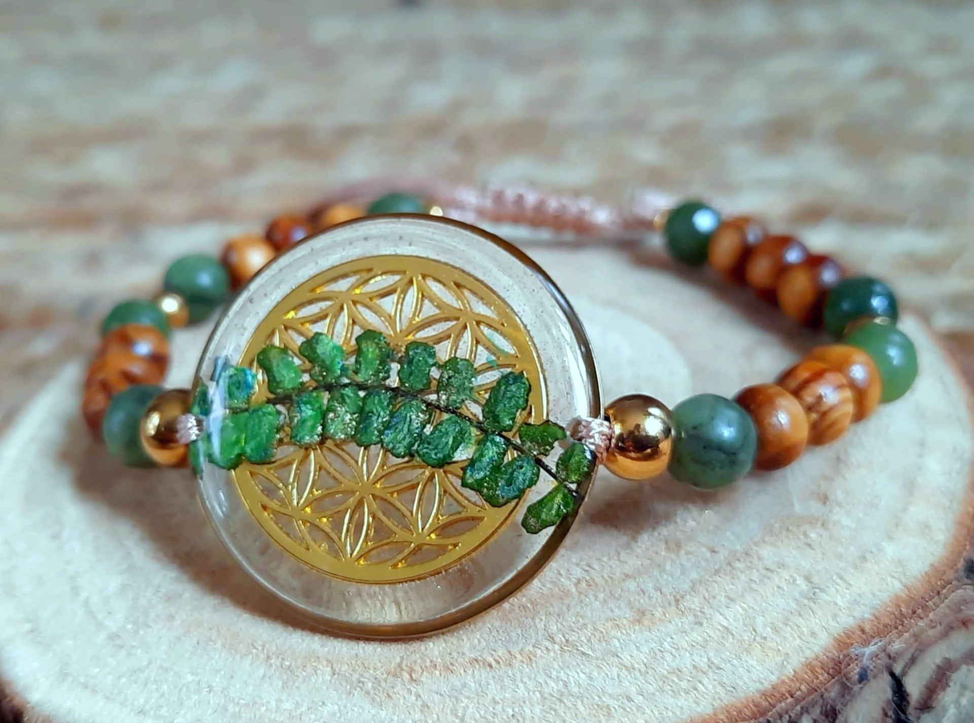 Bracelet, Fleur de vie, Fougère, Jade