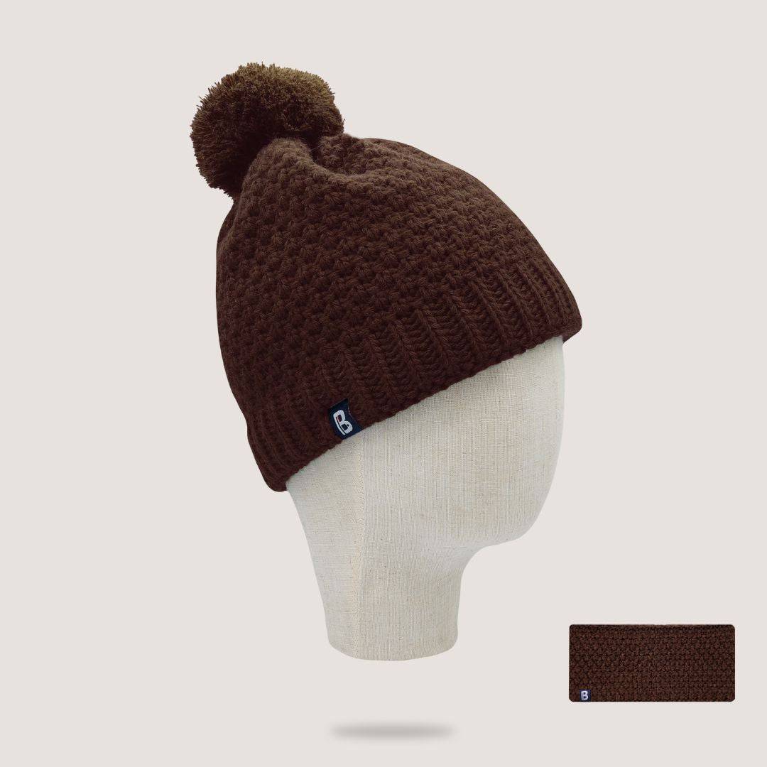 Bandeau et Bonnet pompon marron