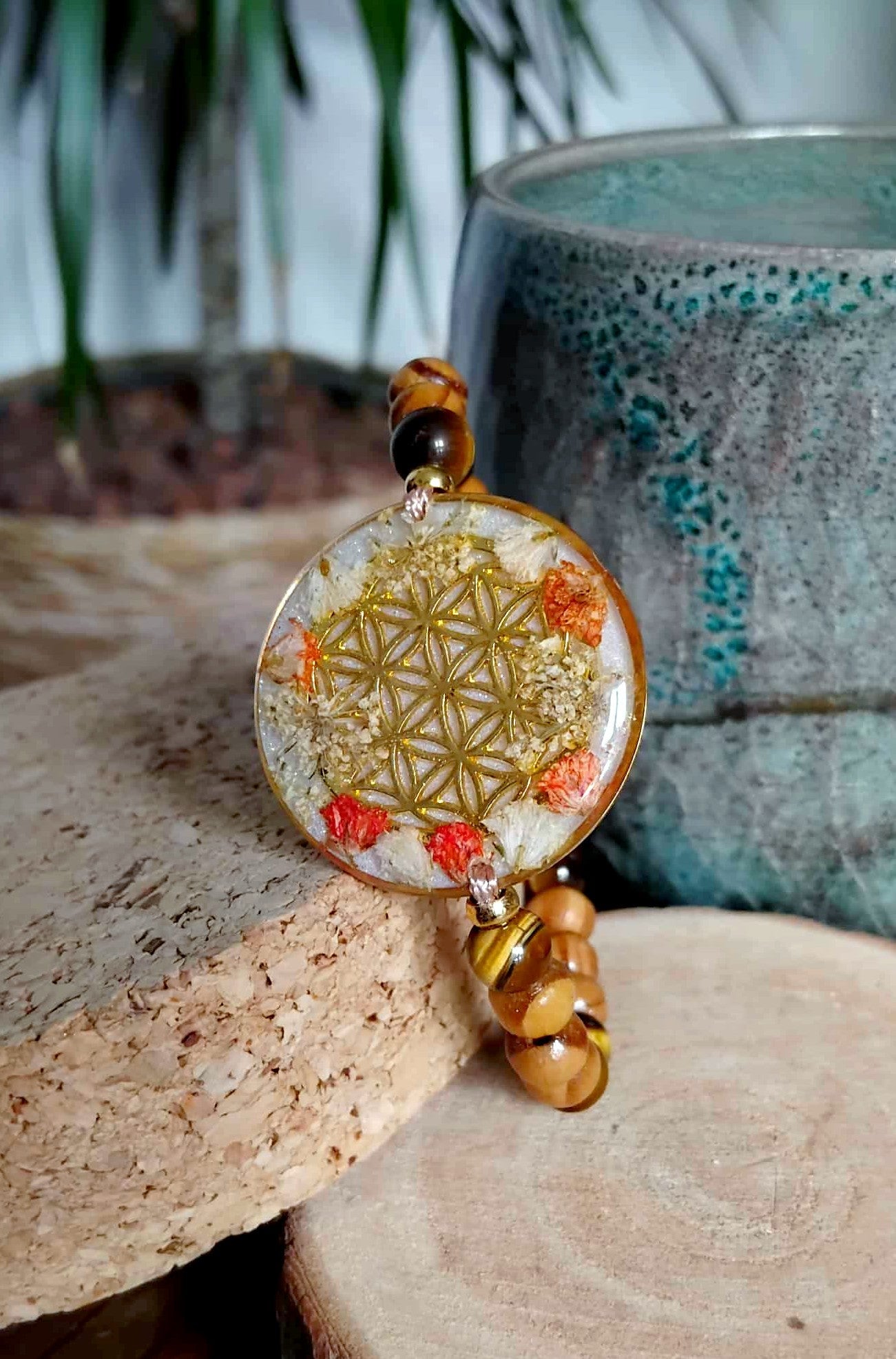 Bracelet, Fleur de vie, Fleur de carotte, Gypsophile, Œil de tigre