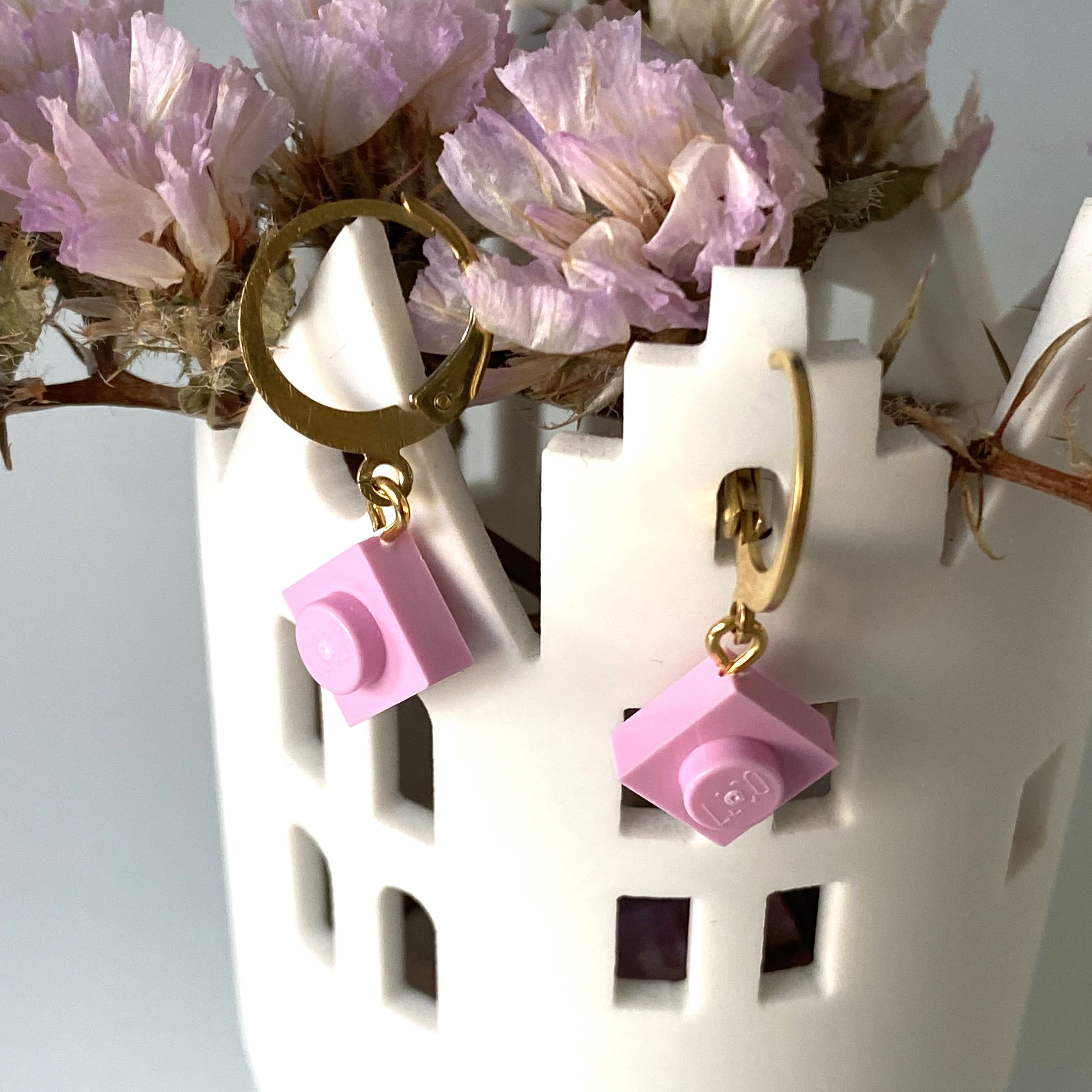 Mini stainless steel sleeper earrings with a Lego® brick