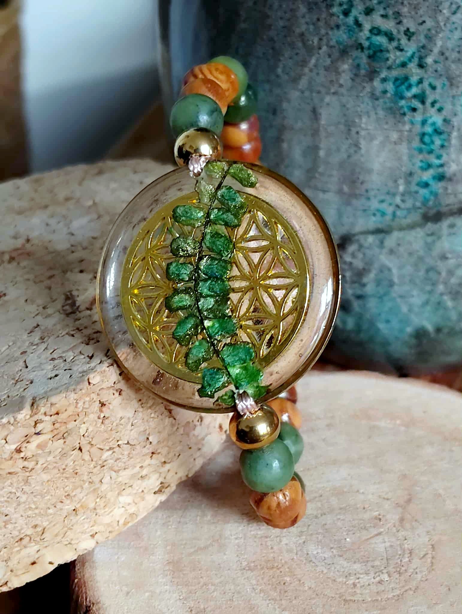 Bracelet, Fleur de vie, Fougère, Jade