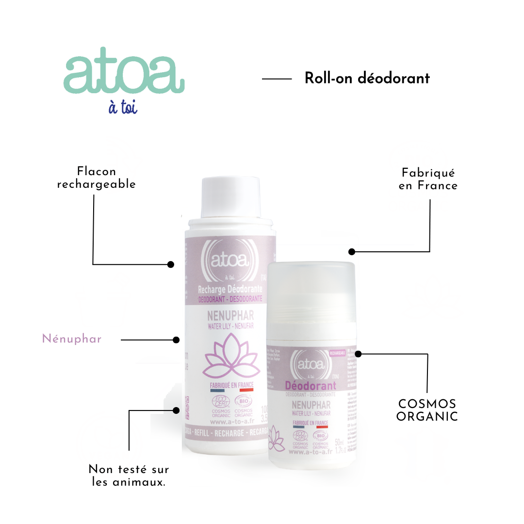 ATOA - Roll on déodorant Nénuphar - COSMOS ORGANIC - RECHARGEABLE