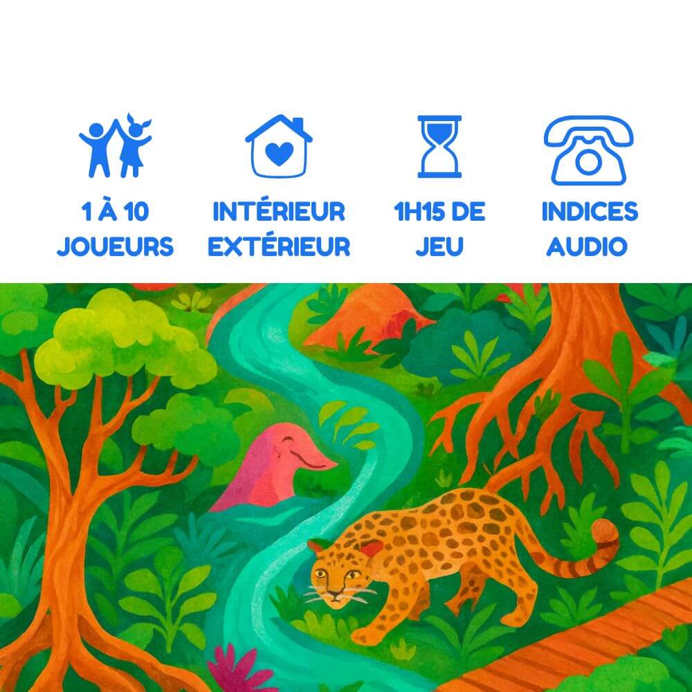 Escape game dans la forêt amazonienne pour enfants, 1 à 10 joueurs, aventure immersive avec indices audio – Explorador