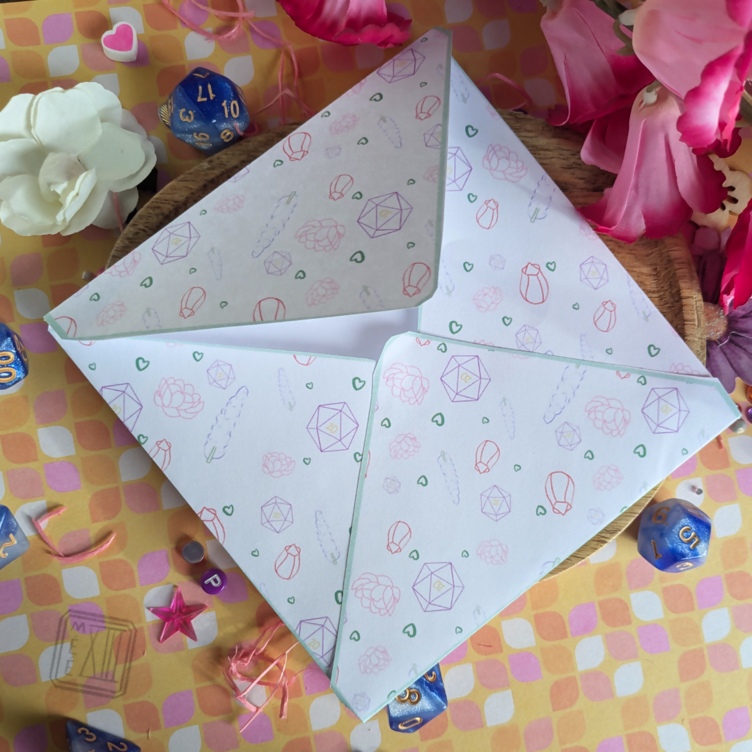 Ensemble enveloppe, sticker et cartes illustrée de dé 20 DND