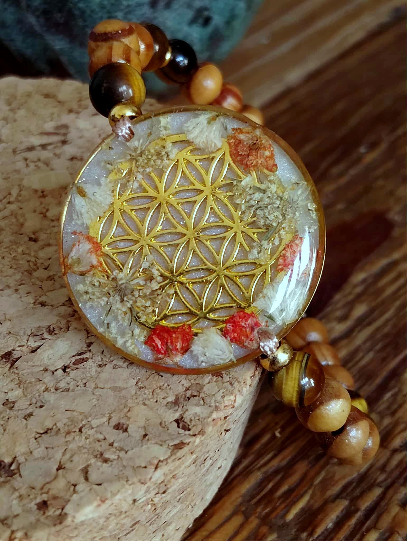 Bracelet, Fleur de vie, Fleur de carotte, Gypsophile, Œil de tigre