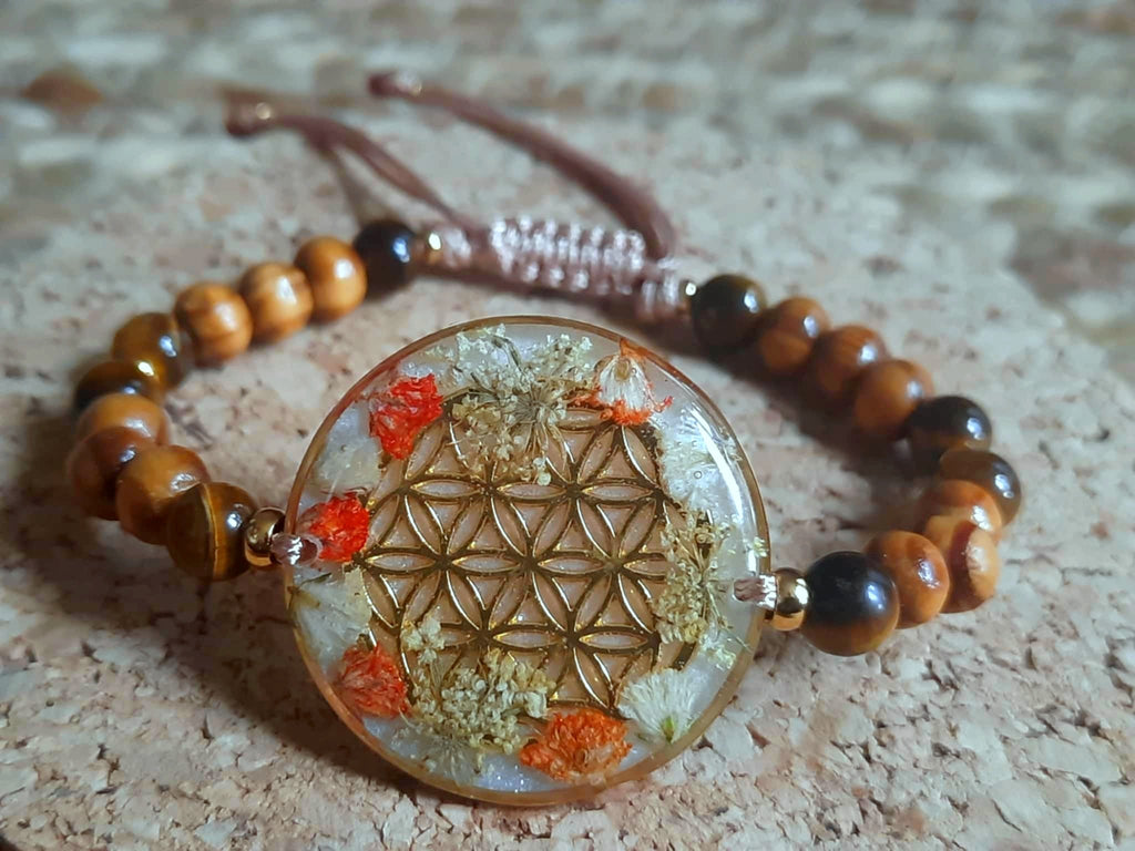 Bracelet, Fleur de vie, Fleur de carotte, Gypsophile, Œil de tigre