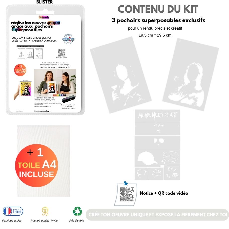 Kit Pochoirs Joconde Pop – 3 pochoirs A4 + accessoires pour pimper la Mona Lisa