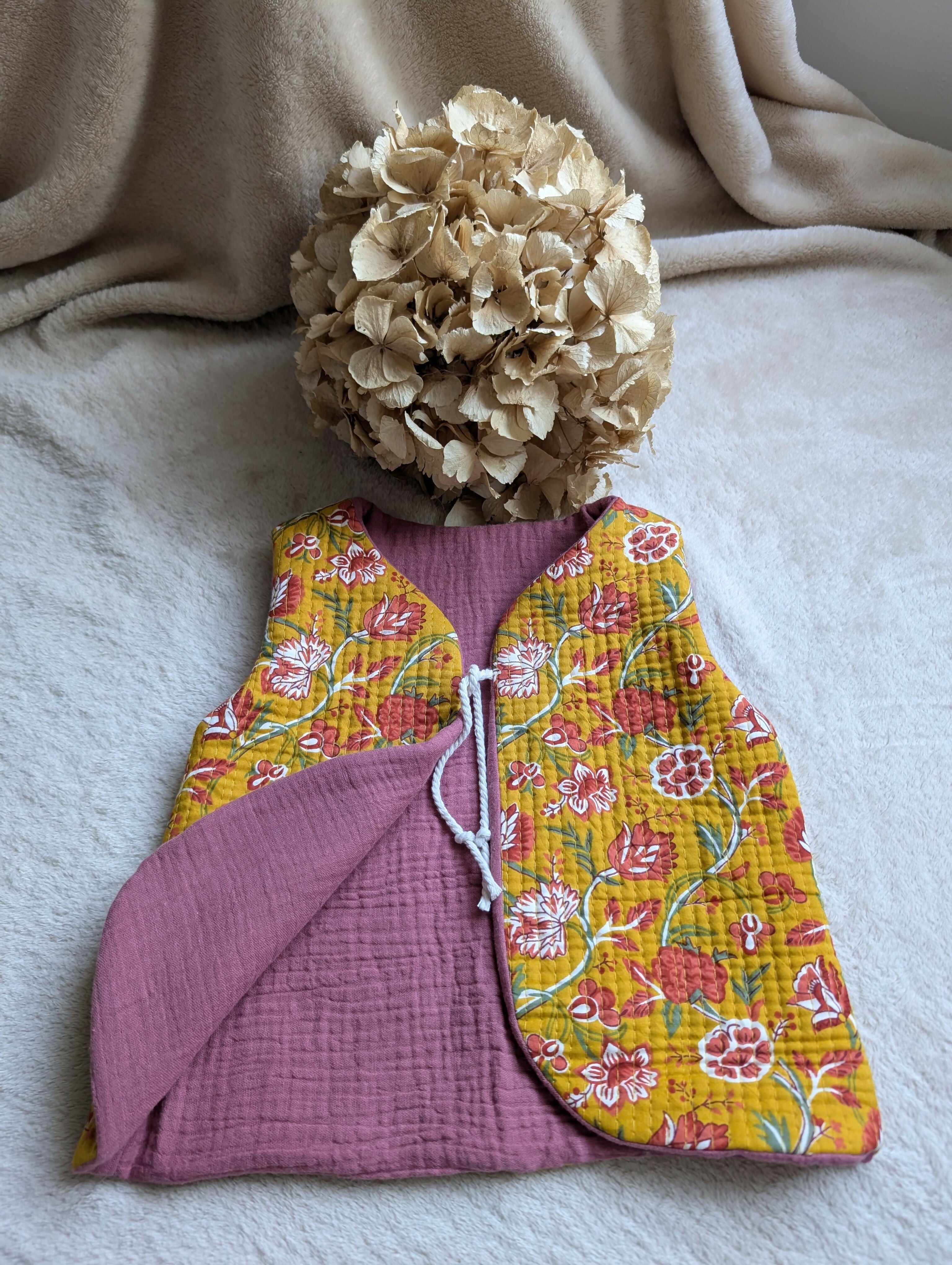 YELLOW FLORAL QUILTED SHEPHERD'S VEST 18 MONTHS-3 YEARS