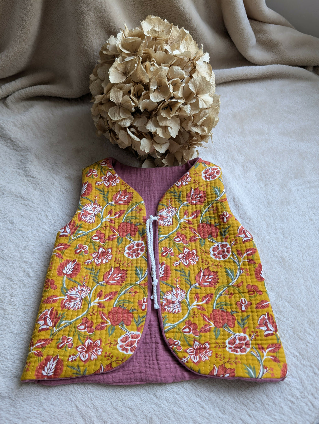 YELLOW FLORAL QUILTED SHEPHERD'S VEST 18 MONTHS-3 YEARS
