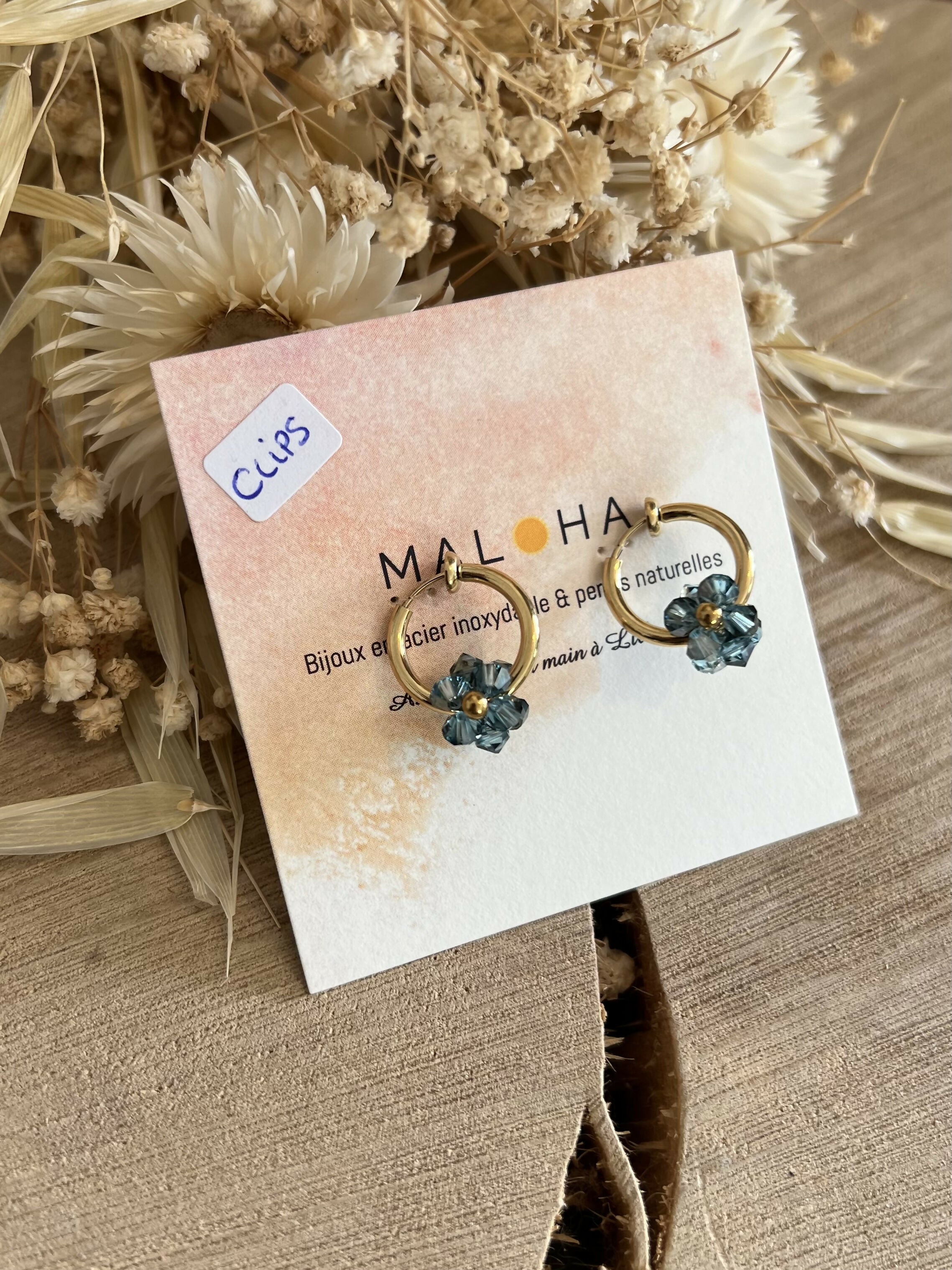 Blue glass flower CLIPS creoles