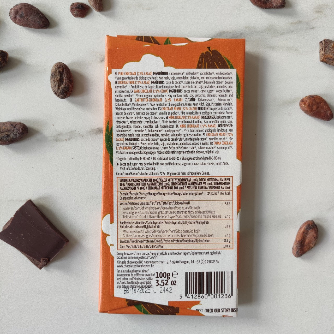 indications sur les ingrédients de la tablette de chocolat noir chocolate from heaven. Une composition gourmande mais intense, avec 72% de cacao. Une tablette de chocolat noir qui vous fera vivre une expérience gustative unique