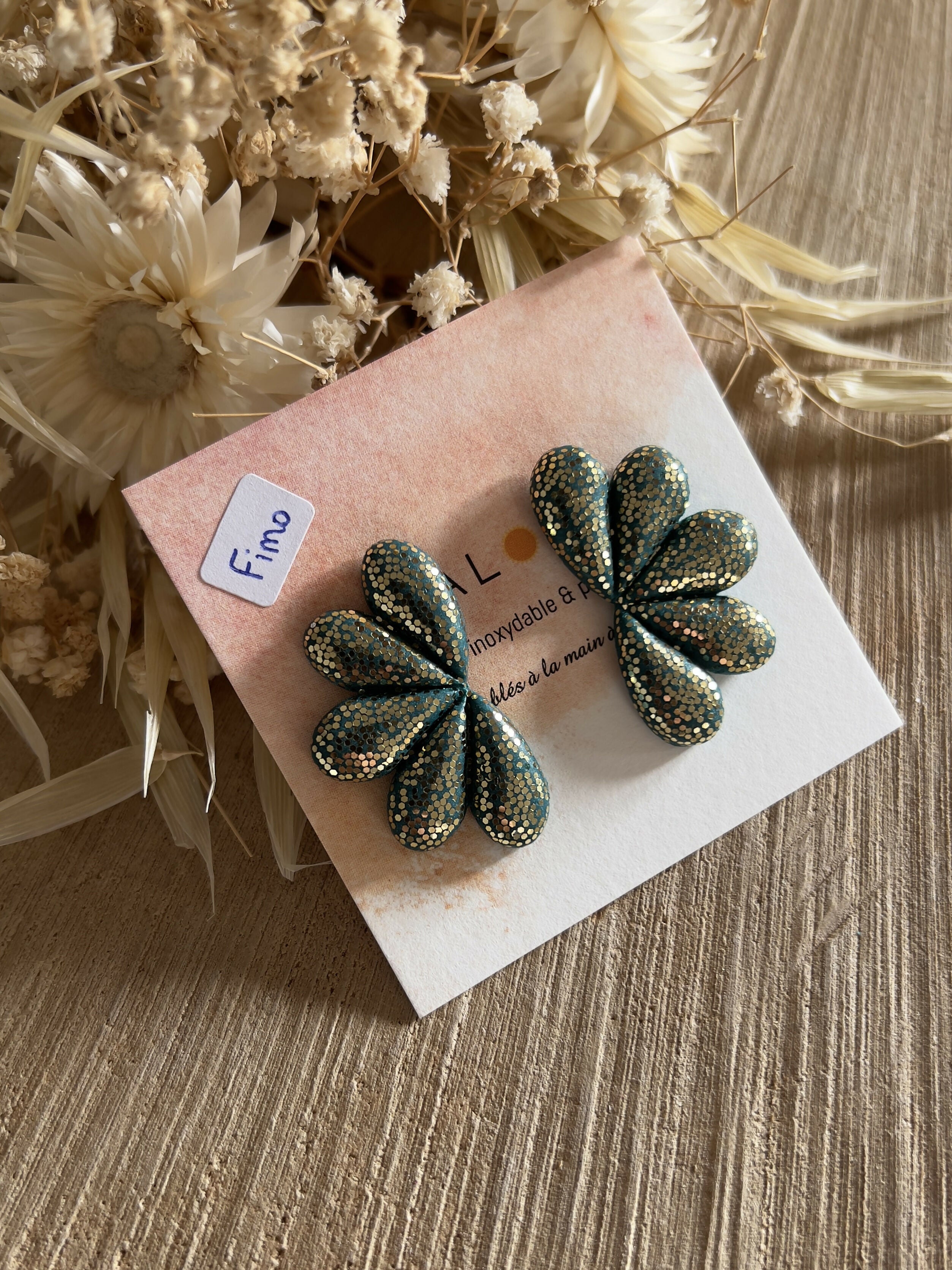 Fimo green earrings with gold glitter