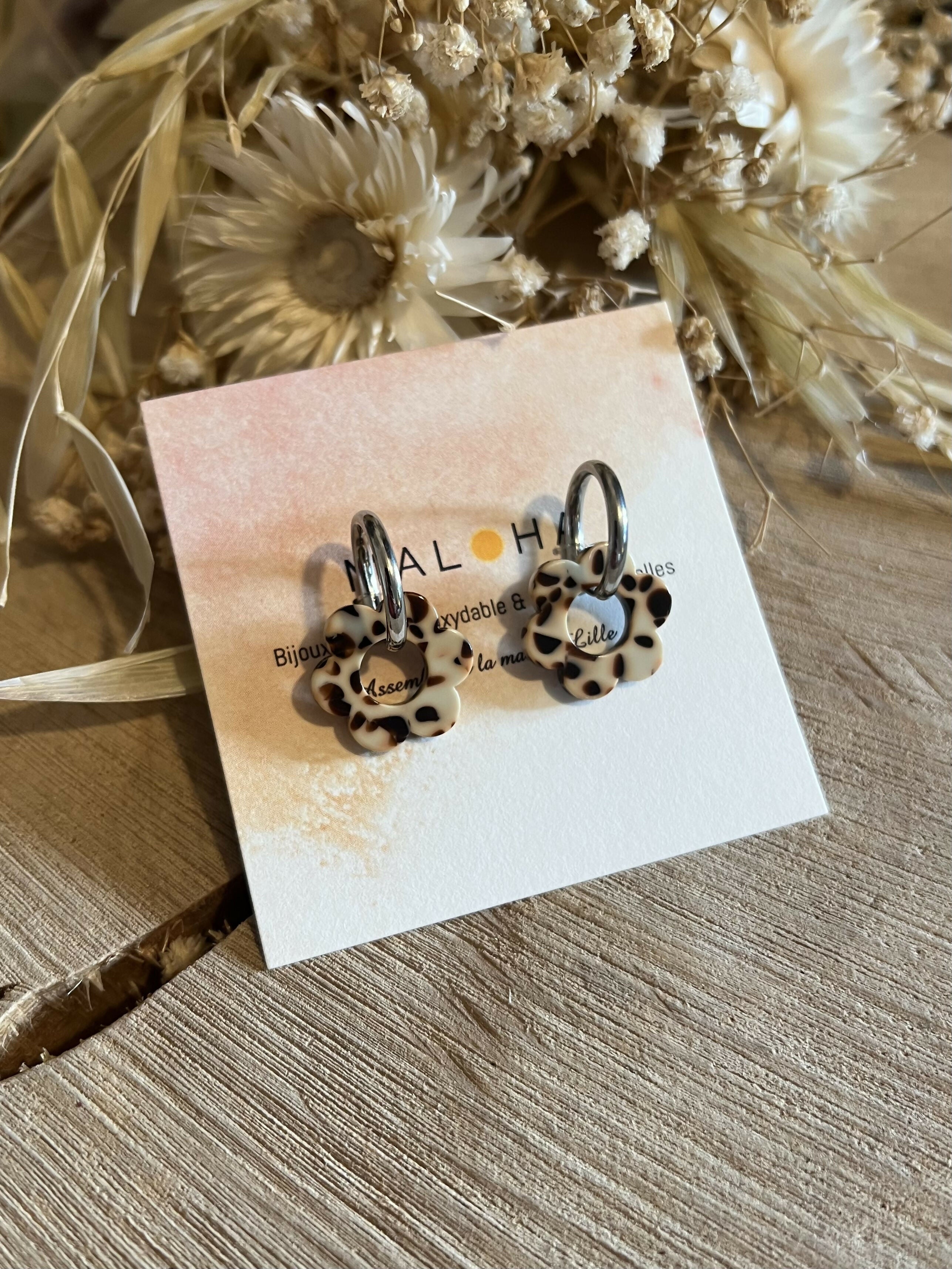 BO créoles CLIPS argent & ses fleurs beige - marron