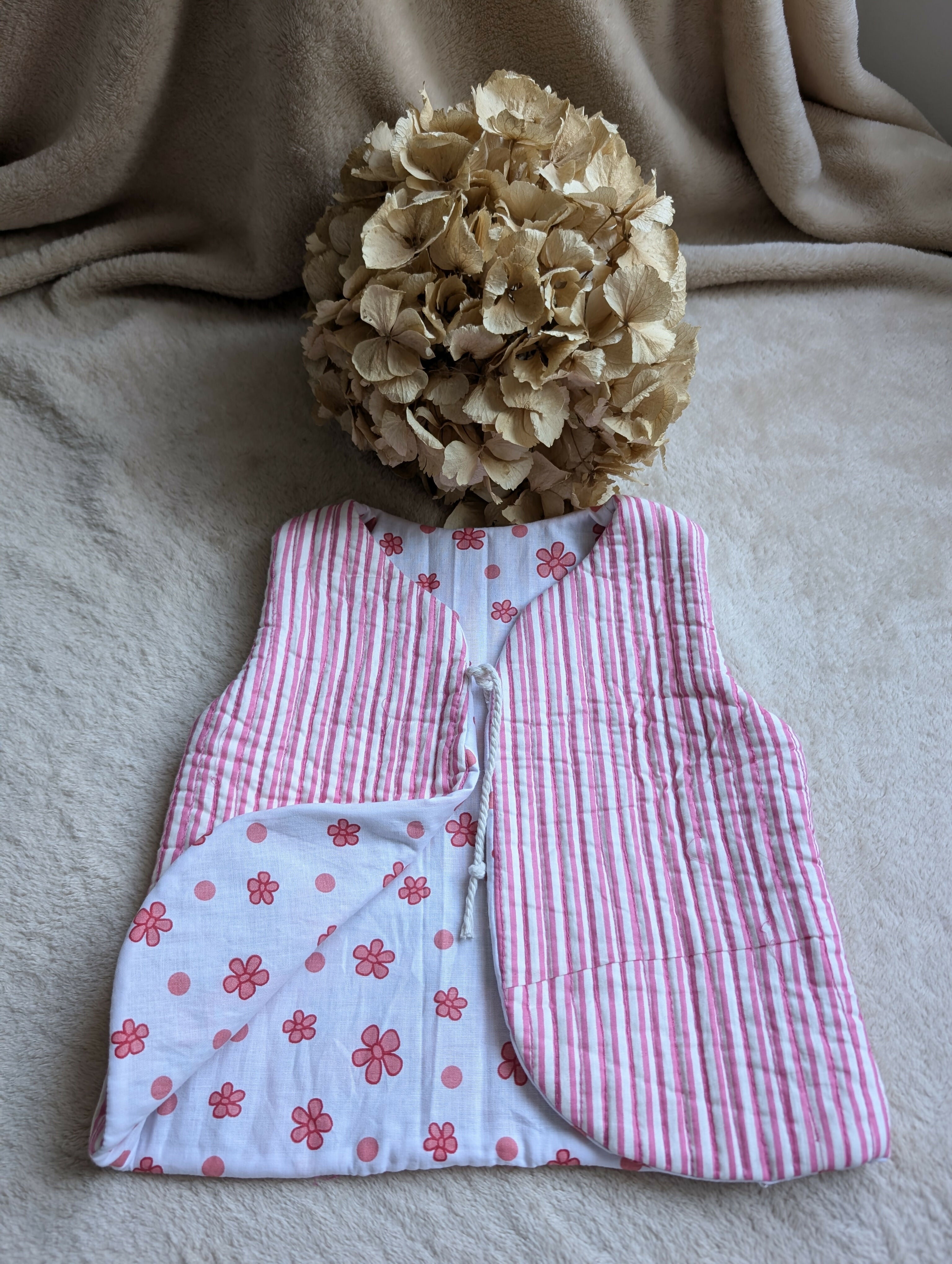 QUILTED SHEPHERD'S VEST PINK STRIPES 18 MONTHS-3 YEARS