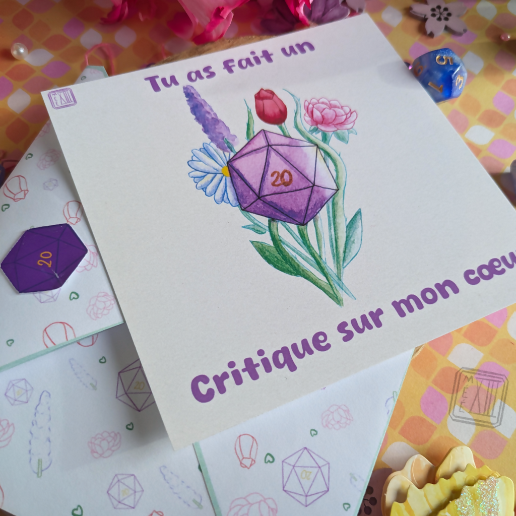 Ensemble enveloppe, sticker et cartes illustrée de dé 20 DND