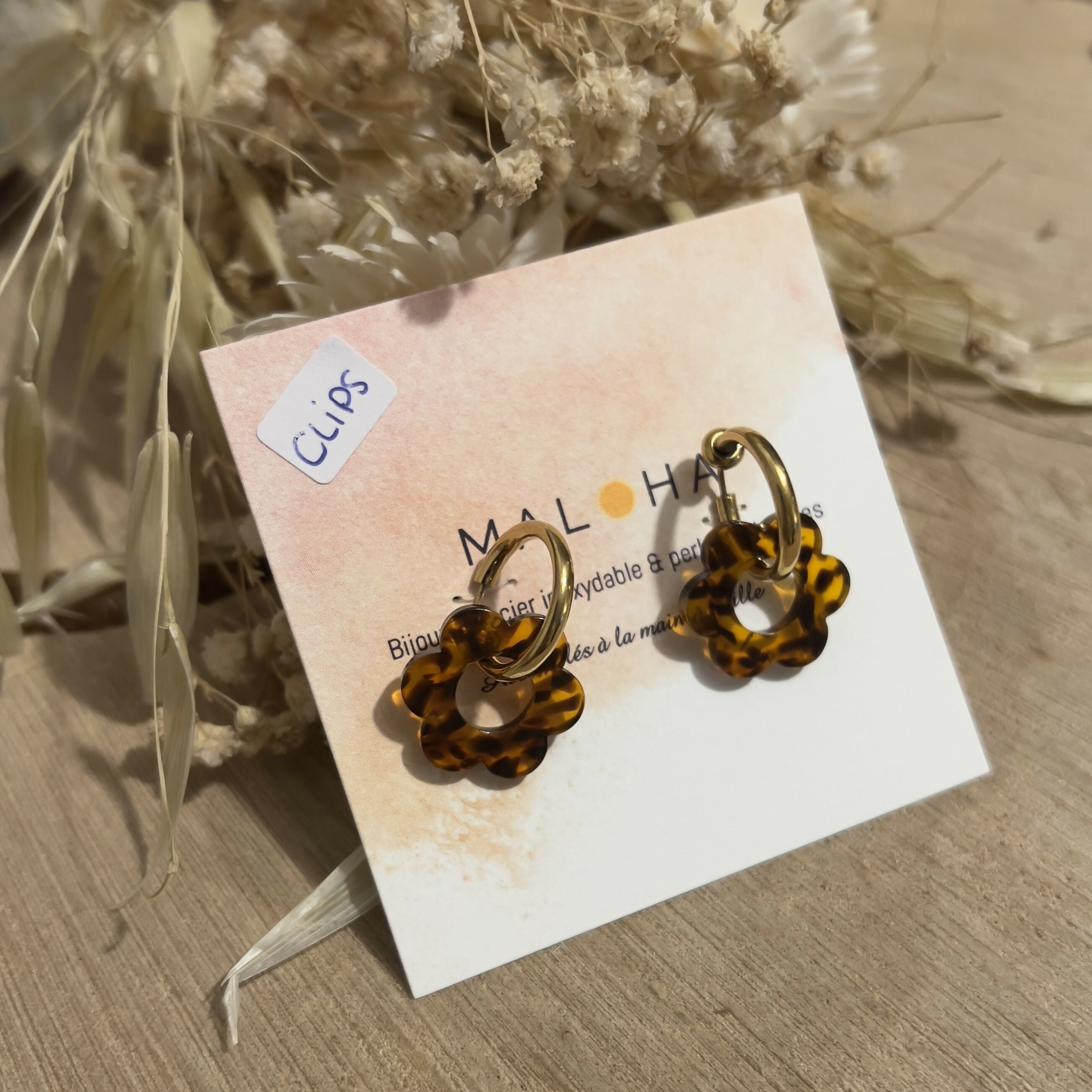 BO créoles CLIPS & ses fleurs marron - beige