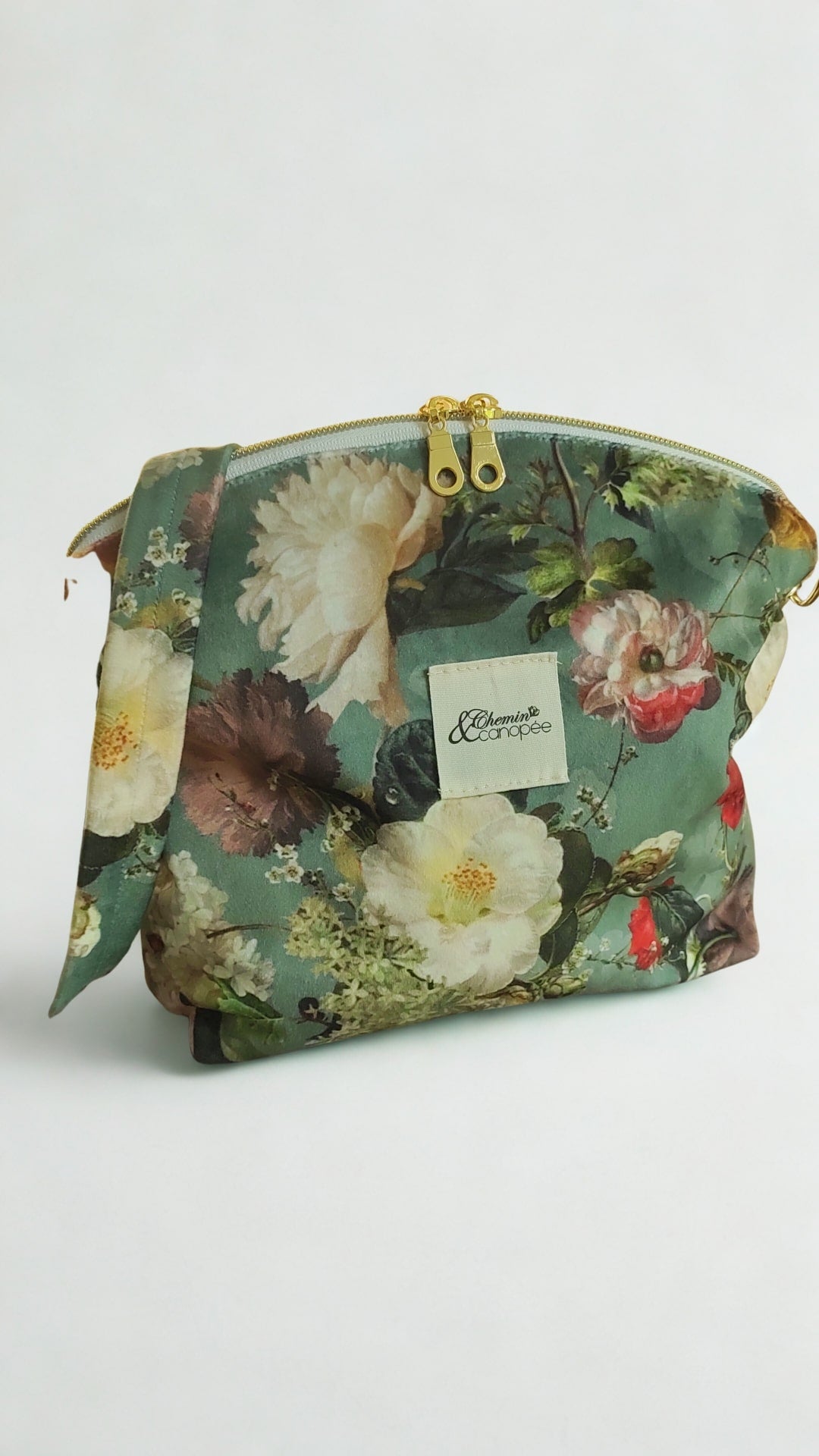 Sac à main en velours gris vert- Motif fleuri pour un look raffiné et romantique