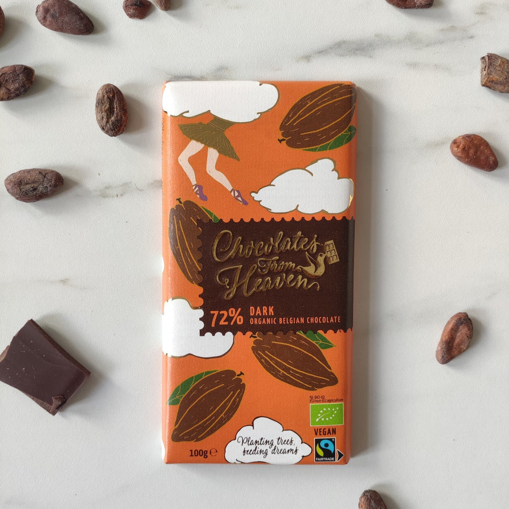 tablette de chocolat noir chocolate from heaven. Composée à 72% de cacao. Avec un goût intense et une texture délicate. Idéale pour des moments gourmands avec vos proches ou vous même. 