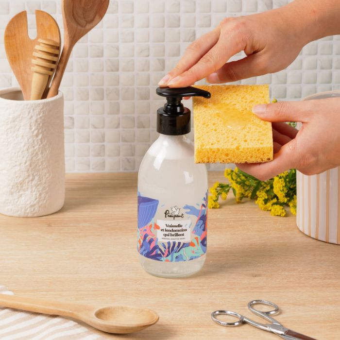 Push de liquide vaisselle sur éponge pimpant