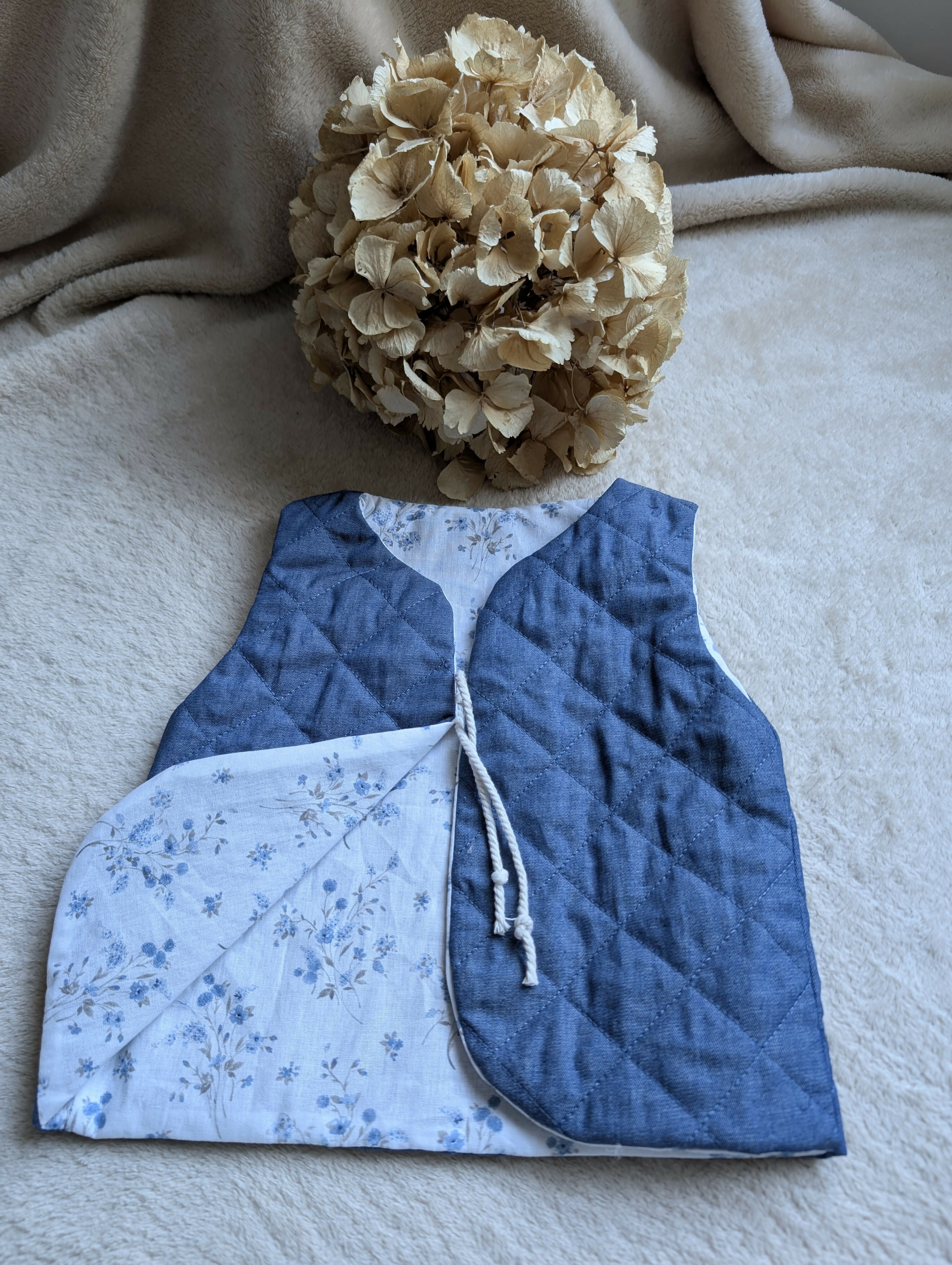 QUILTED SHEPHERD VEST BLUE DENIM WITH BLUE FLOWERS 18 MONTHS-3 YEARS