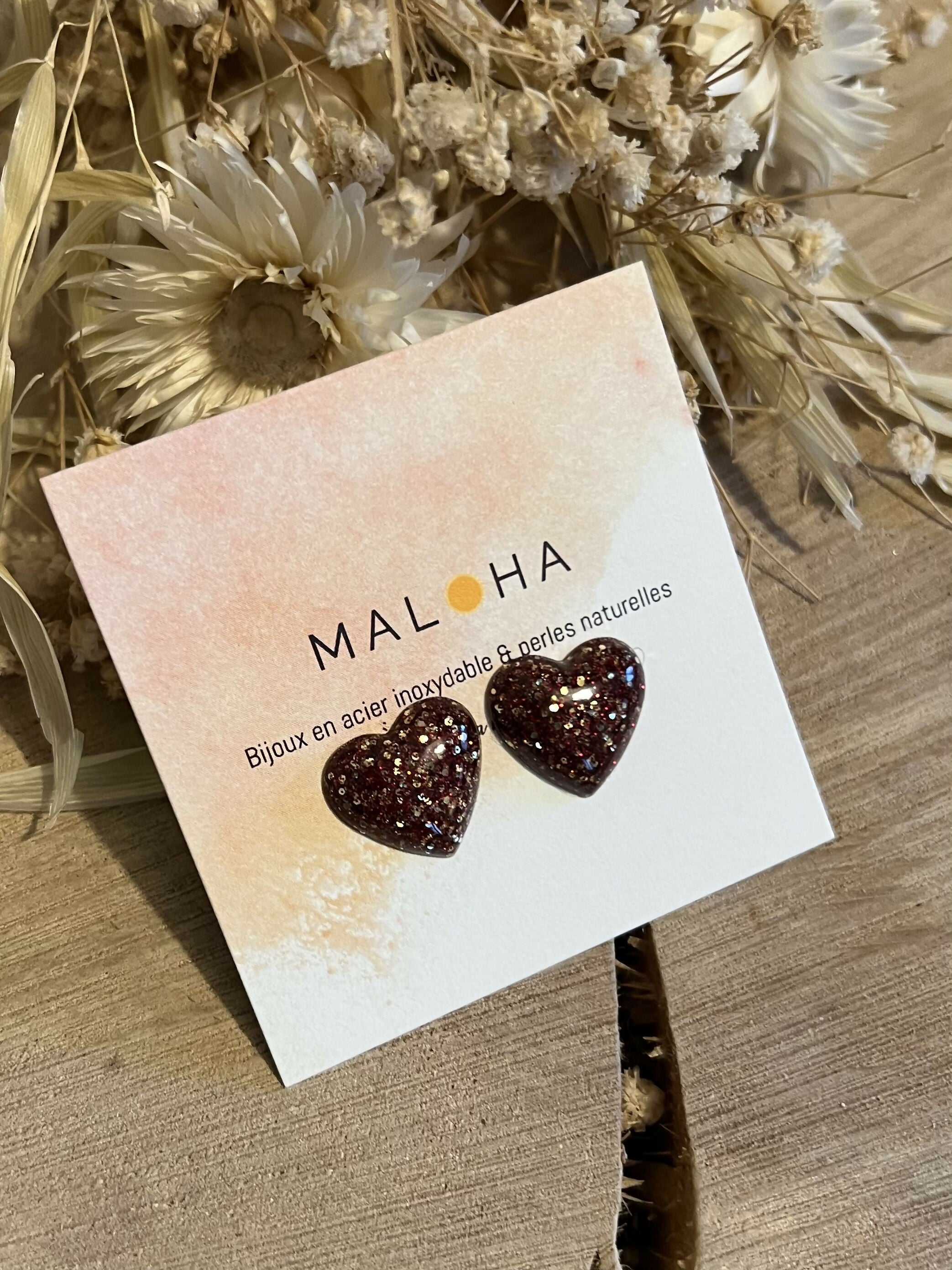 Earrings, small red glitter resin hearts